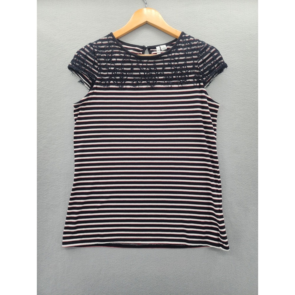 Elle Striped Lace Yoke Top Navy White Red Short Sleeve Knitโ Shirt Womens Small